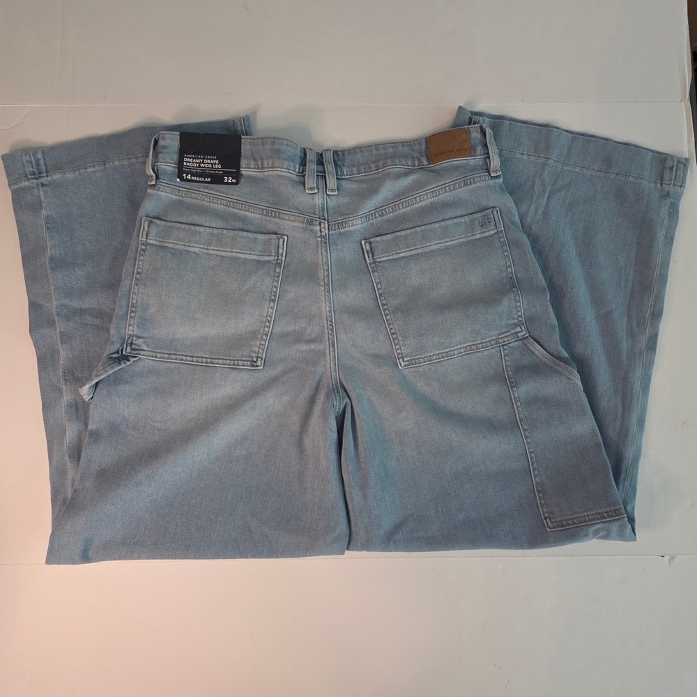 American Eagle Dreamy Drape Baggy Wide Leg Carpenter Jeans Light Wash 14 Regular - Picture 7 of 16